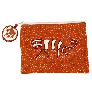 Embroidered Tiger Cat Zipper Cosmetic Bag Pouch Cotton Art & Animal Lovers